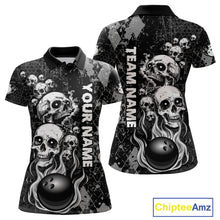 Load image into Gallery viewer, Black Grey Grunge Argyle Skull Bowling Shirt For Women Custom Bowling Team Jersey Polo &amp; 1/4 Zip TDM4773