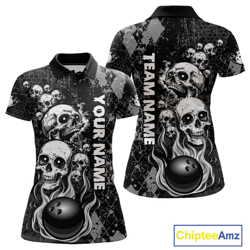 Black Grey Grunge Argyle Skull Bowling Shirt For Women Custom Bowling Team Jersey Polo & 1/4 Zip TDM4773