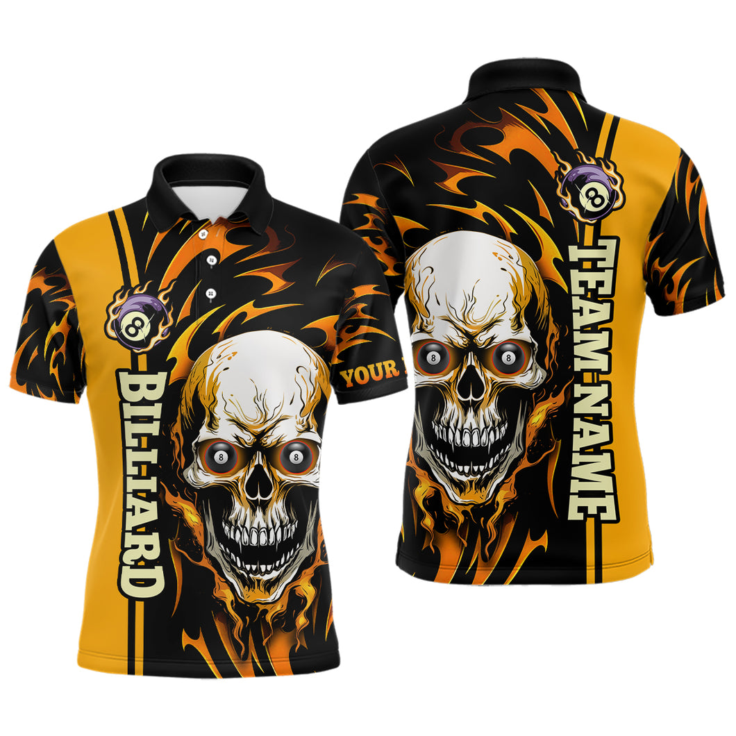 Personalized Yellow Billiard Skull Player 3D Men'S Polo Shirts Custom Name Billiard Team Uniform TDM0345