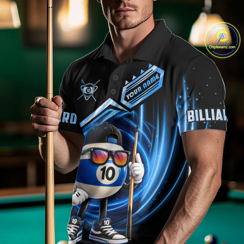 Blue Funny 10 Ball Billiard Shirt For Men Custom Pool Team Shirt, Billiard Jersey Polo & 1/4 Zip TDM7841