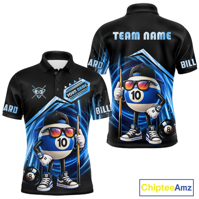 Blue Funny 10 Ball Billiard Shirt For Men Custom Pool Team Shirt, Billiard Jersey Polo & 1/4 Zip TDM7841