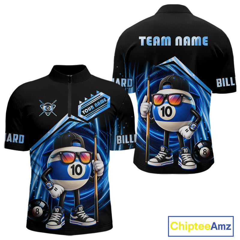 Blue Funny 10 Ball Billiard Shirt For Men Custom Pool Team Shirt, Billiard Jersey Polo & 1/4 Zip TDM7841
