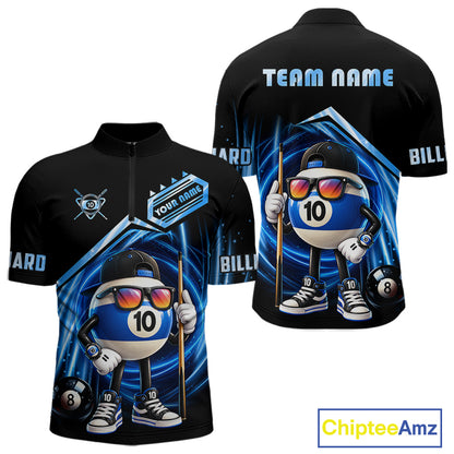 Blue Funny 10 Ball Billiard Shirt For Men Custom Pool Team Shirt, Billiard Jersey Polo & 1/4 Zip TDM7841