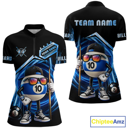 Blue Funny 10 Ball Billiard Shirt For Women Custom Pool Team Shirt, Billiard Jersey Polo & 1/4 Zip TDM7841