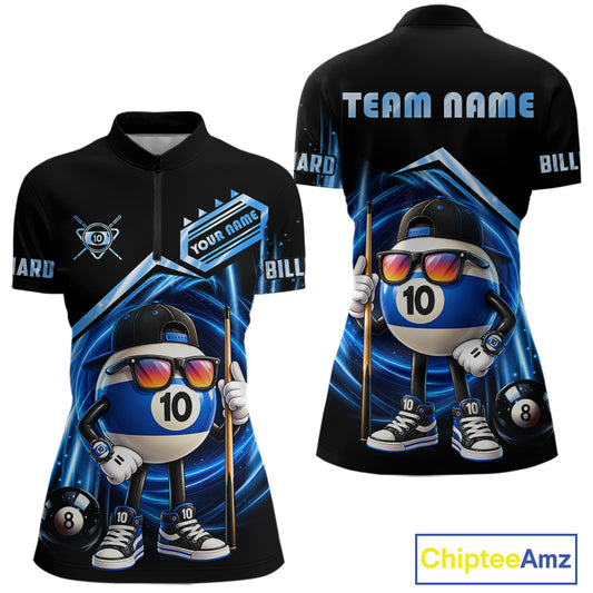 Blue Funny 10 Ball Billiard Shirt For Women Custom Pool Team Shirt, Billiard Jersey Polo & 1/4 Zip TDM7841