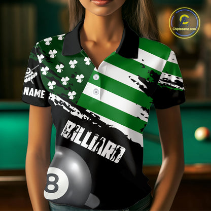 Personalized US Flag St Patrick Day Billiard Shirt For Women, Luckiest Shamrock 8 Ball Pool Jersey TDM5707