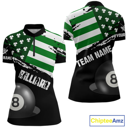 Personalized US Flag St Patrick Day Billiard Shirt For Women, Luckiest Shamrock 8 Ball Pool Jersey TDM5707