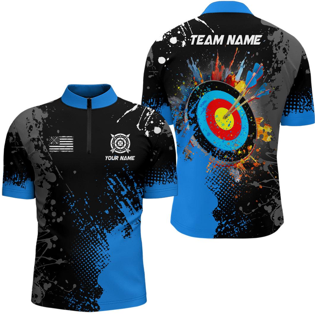 Personalized Paint Blue 3D Target Archery Men Quarter-Zip Shirts, Archery Jerseys Attires TDM1102