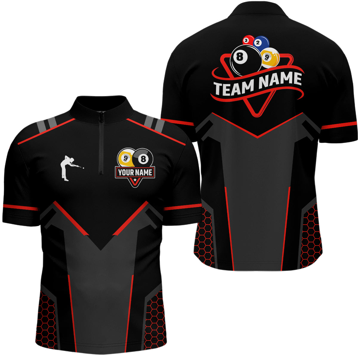 Personalized Billiard 8 Ball & 9 Ball Pool Polo, 1/4 Zip For Men Custom Team Billiard Jerseys |Red TDM3547