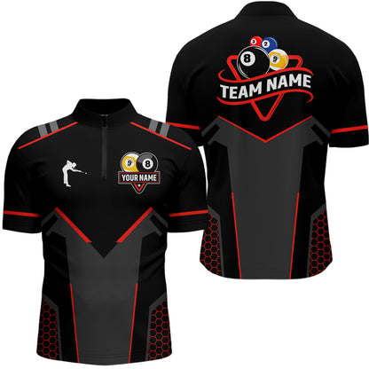Personalized Billiard 8 Ball & 9 Ball Pool Polo, 1/4 Zip For Men Custom Team Billiard Jerseys |Red TDM3547