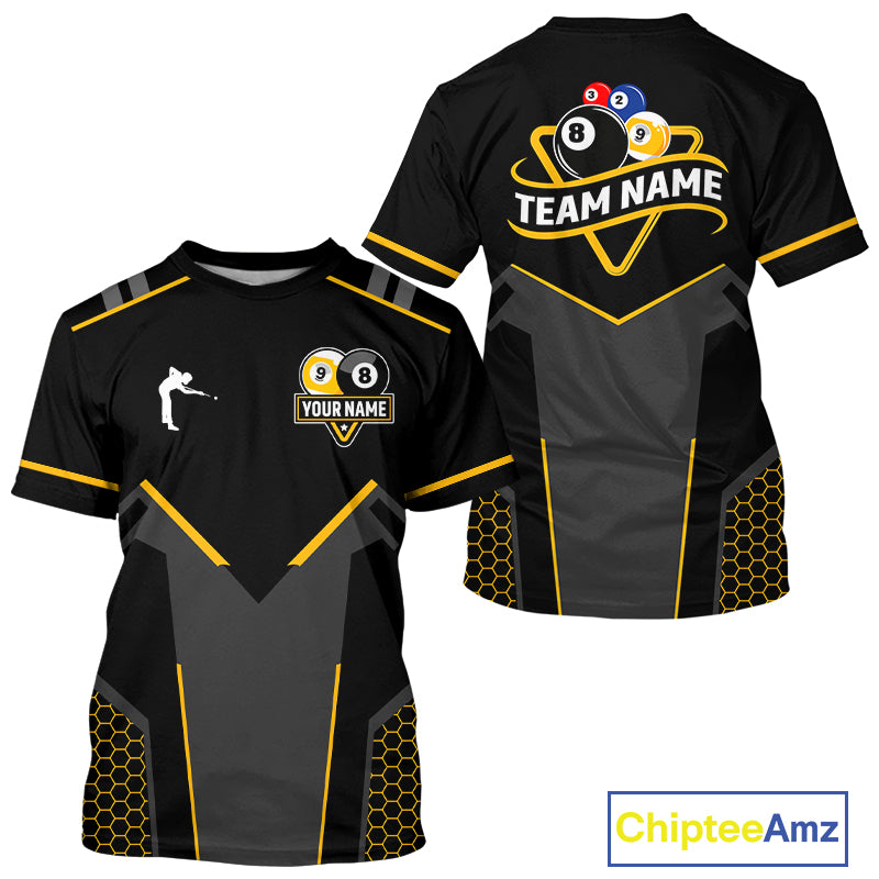 Personalized 8 Ball & 9 Ball Pool Billiard T-Shirt For Men Custom Billiard Team Jerseys | Yellow TDM3547