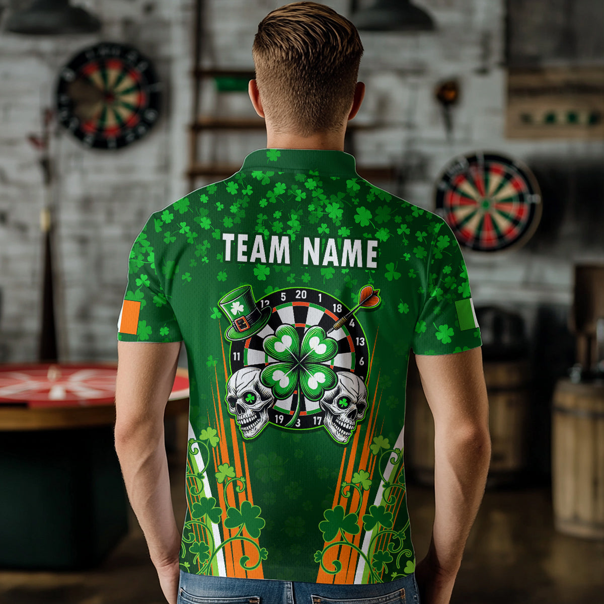 Personalized Luckiest Green Shamrock Skull Dart Shirts For Men Custom St Patrick Day Dart Jerseys TDM3554