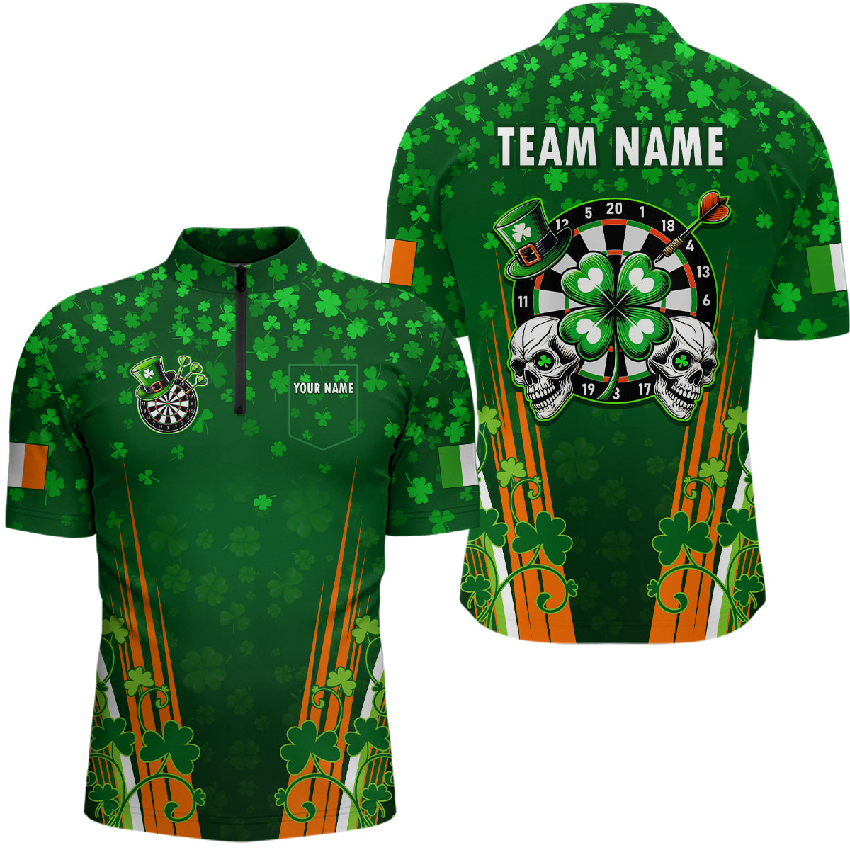 Personalized Luckiest Green Shamrock Skull Dart Shirts For Men Custom St Patrick Day Dart Jerseys TDM3554