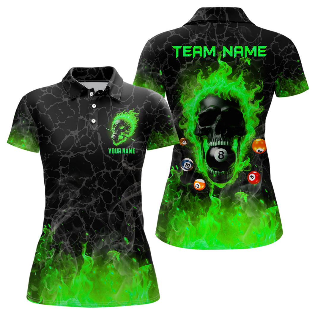 Billiards 8 Ball Flame Skull Fire Custom Pool Shirts For Women, Unique League Billiard Jerseys |Green TDM2010