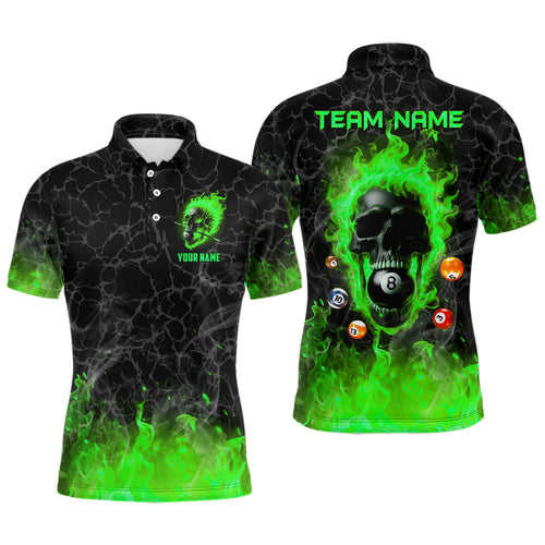 Billiards 8 Ball Flame Skull Fire Custom Pool Shirts For Men, Unique League Billiard Jerseys |Green TDM2010