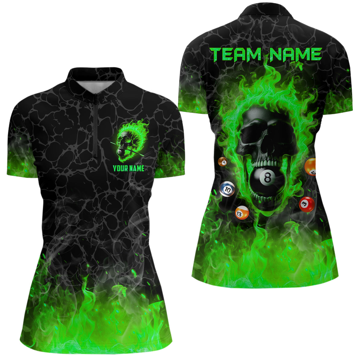 Billiards 8 Ball Flame Skull Fire Custom Pool Shirts For Women, Unique League Billiard Jerseys |Green TDM2010