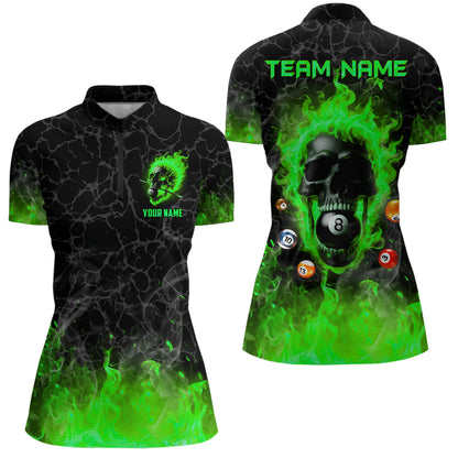 Billiards 8 Ball Flame Skull Fire Custom Pool Shirts For Women, Unique League Billiard Jerseys |Green TDM2010