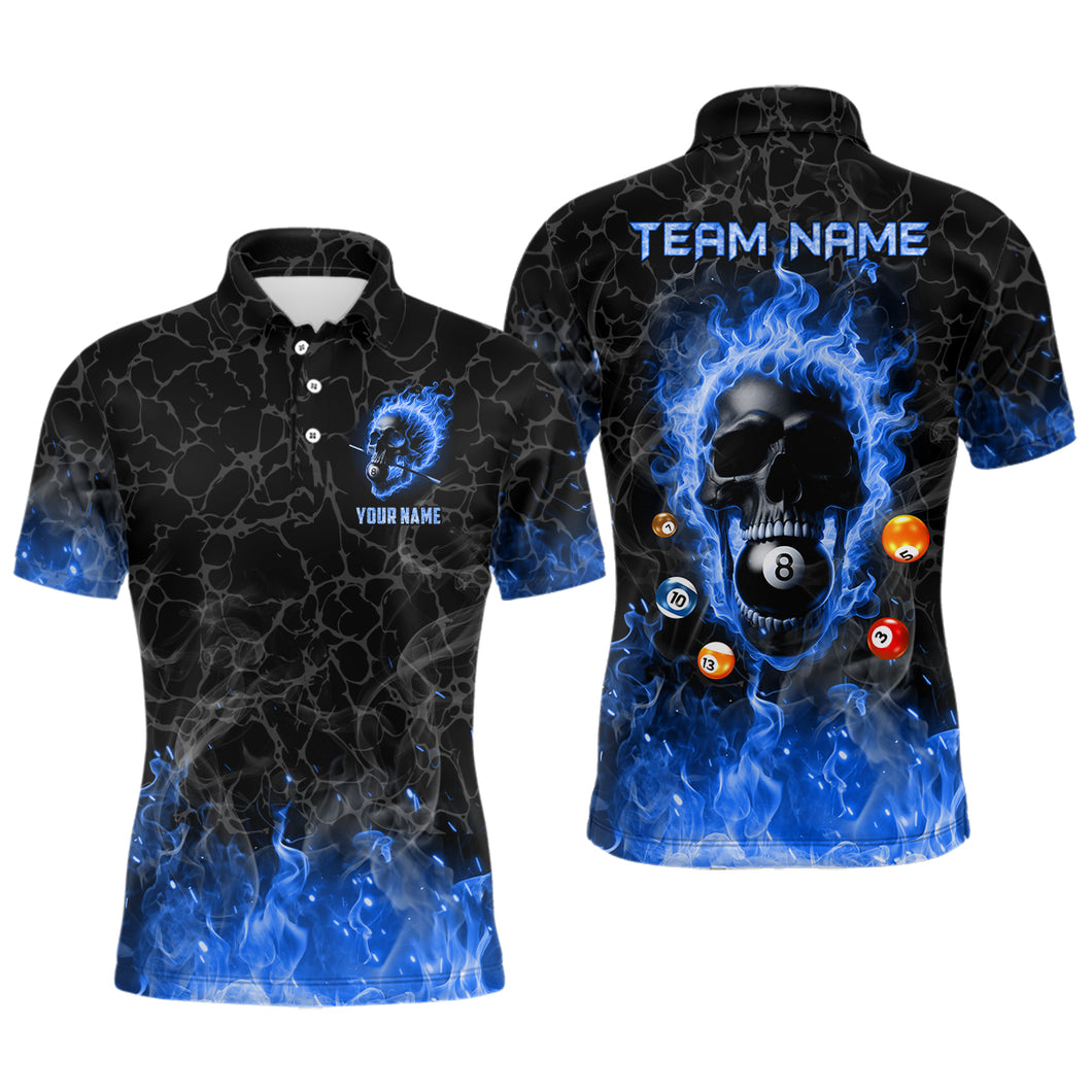 Billiards 8 Ball Flame Skull Fire Custom Pool Shirts For Men, Unique League Billiard Jerseys |Blue TDM2011