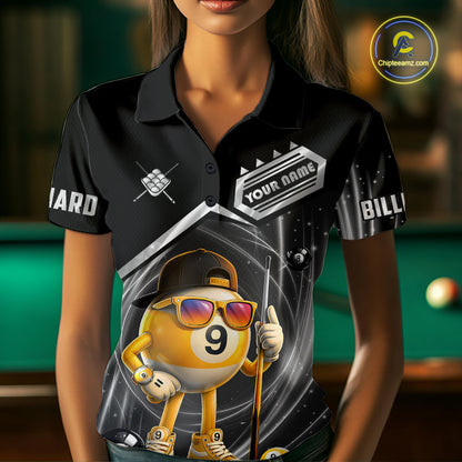 Woman wearing funny silver 9 ball pool billiard team jersey polo shirt featuring the humorous 9 ball artwork, front view.