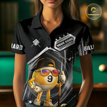 Load image into Gallery viewer, Woman wearing funny silver 9 ball pool billiard team jersey polo shirt featuring the humorous 9 ball artwork, front view.