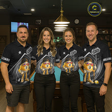 Load image into Gallery viewer, Billiard team wearing matching funny silver 9 ball pool team jerseys featuring playful billiard graphics, front view.
