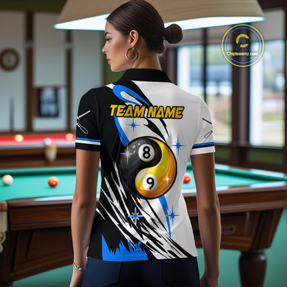Personalized Yin-Yang Billiard Shirt For Women Custom 8 & 9 Ball Funny Pool Team Jersey |Blue TDM4573