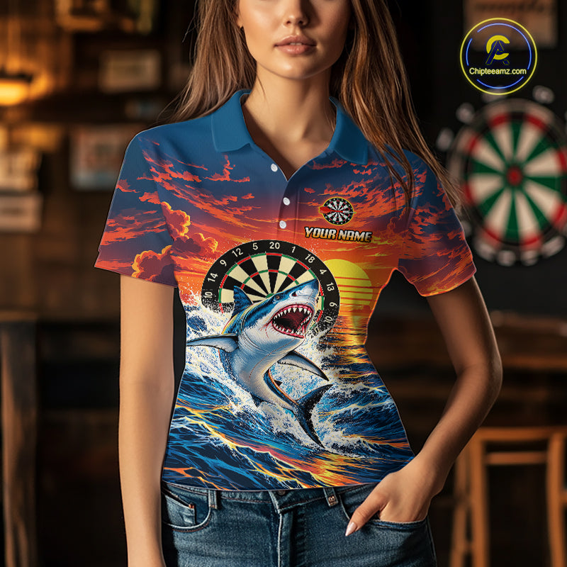 Personalized Funny Shark Sunset Ocean Darts Shirt For Women Custom Darts Team Jersey, Darts Gifts TDM7856