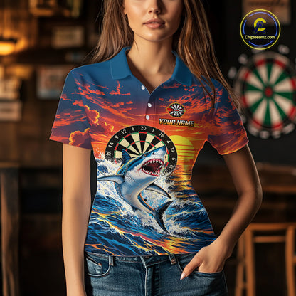 Personalized Funny Shark Sunset Ocean Darts Shirt For Women Custom Darts Team Jersey, Darts Gifts TDM7856