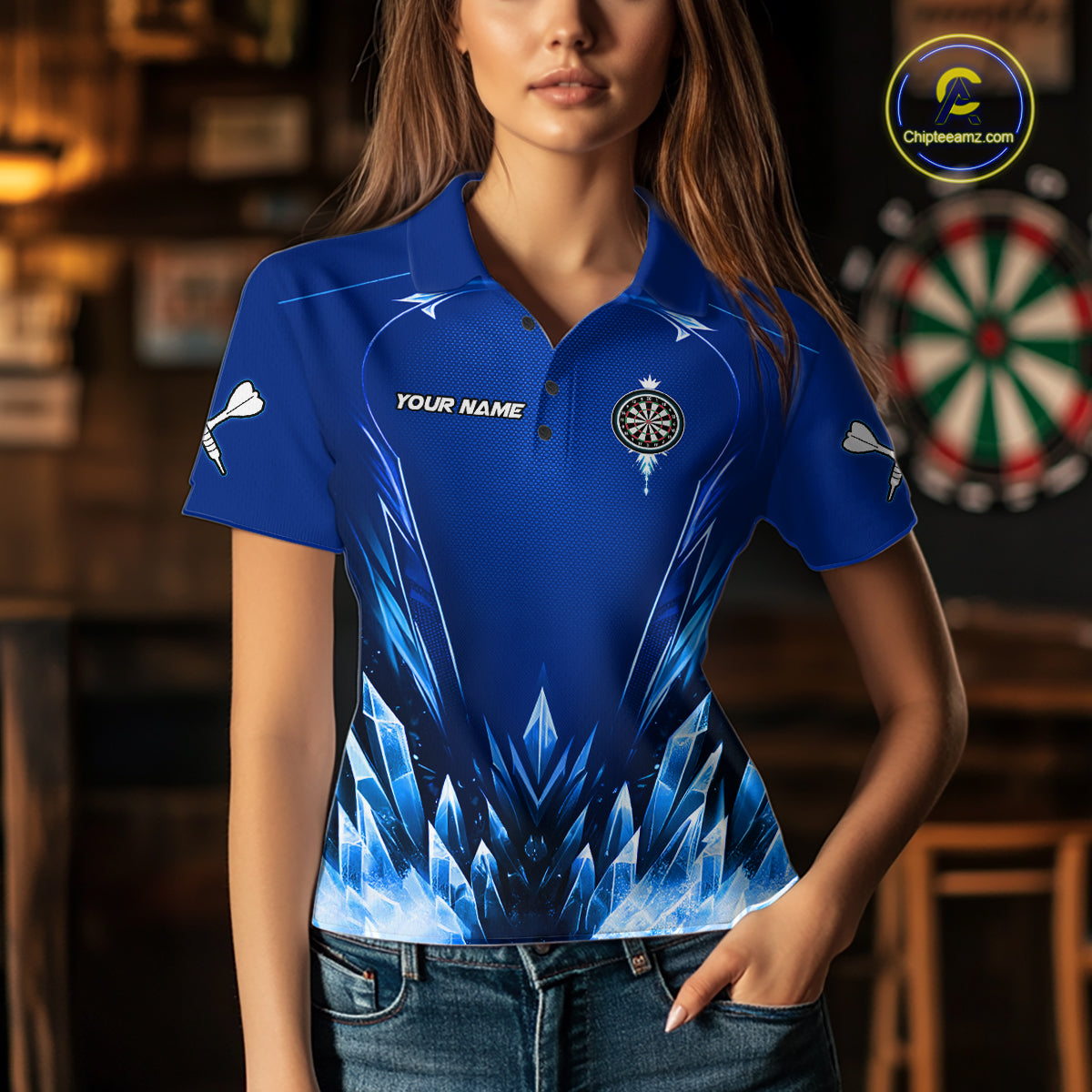 Personalized Blue Dartboard Icy Darts Polo & 1/4 Zip Custom Darts Shirt For Women, Darts Team Jersey TDM5716