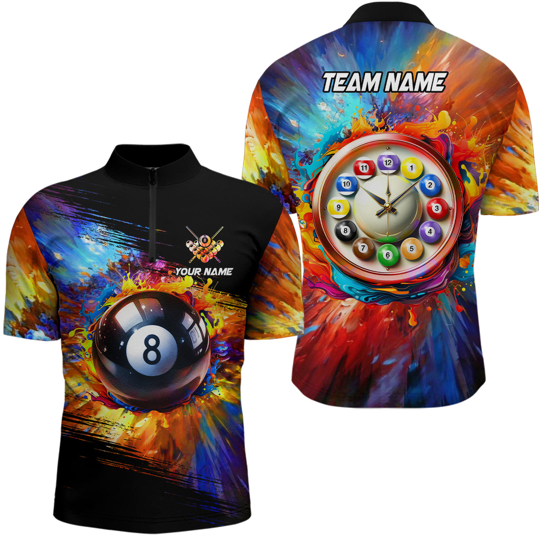 Customized Colorful Billiard Clock Men Quarter-Zip Shirts, Funny 8 Ball Pool Shirts Design TDM1109