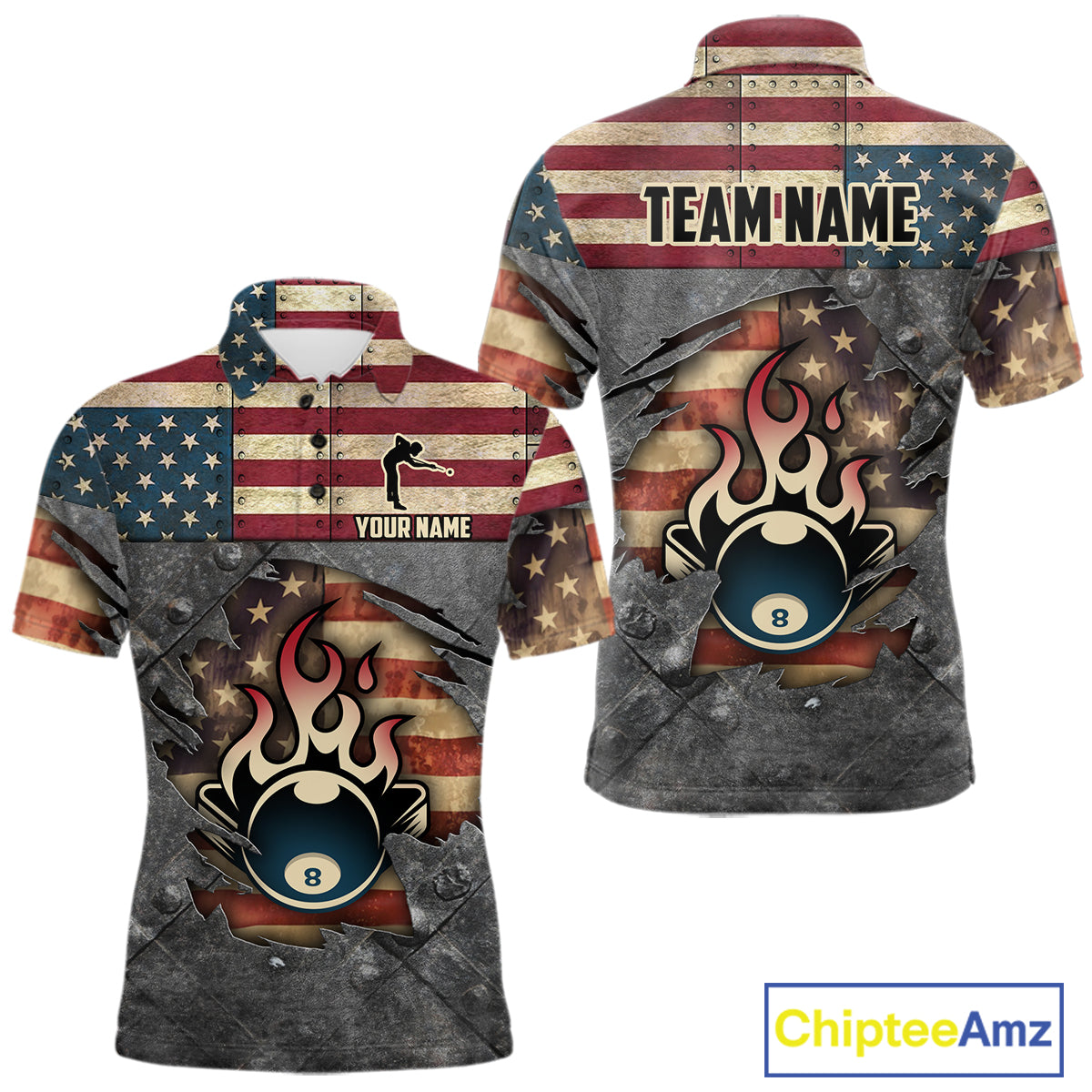 Billiards Vintage US Flag Custom Flame 8 Ball Pool Polo & 1/4 Zip For Men, Billiard Team Jersey TDM6075