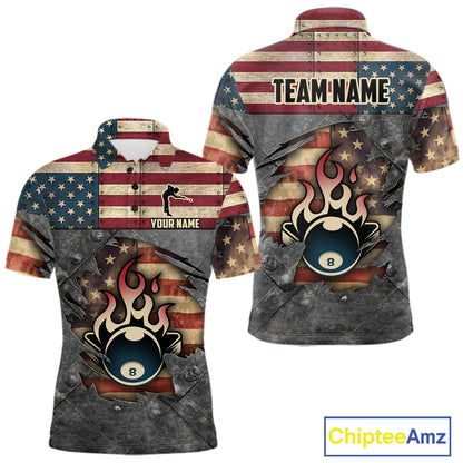 Billiards Vintage US Flag Custom Flame 8 Ball Pool Polo & 1/4 Zip For Men, Billiard Team Jersey TDM6075