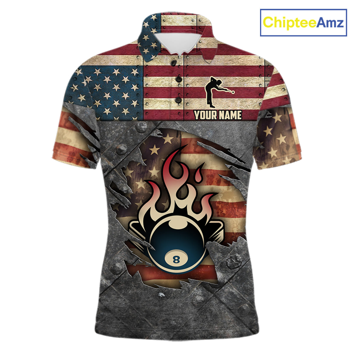 Billiards Vintage US Flag Custom Flame 8 Ball Pool Polo & 1/4 Zip For Men, Billiard Team Jersey TDM6075