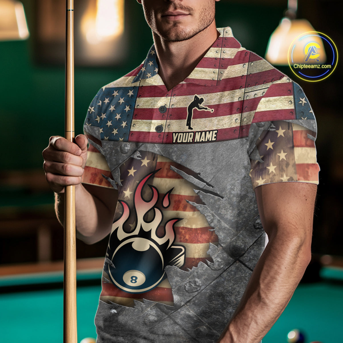 Billiards Vintage US Flag Custom Flame 8 Ball Pool Polo & 1/4 Zip For Men, Billiard Team Jersey TDM6075