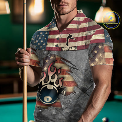 Billiards Vintage US Flag Custom Flame 8 Ball Pool Polo & 1/4 Zip For Men, Billiard Team Jersey TDM6075