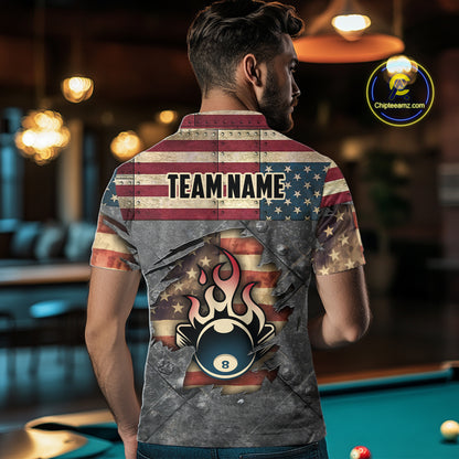 Billiards Vintage US Flag Custom Flame 8 Ball Pool Polo & 1/4 Zip For Men, Billiard Team Jersey TDM6075