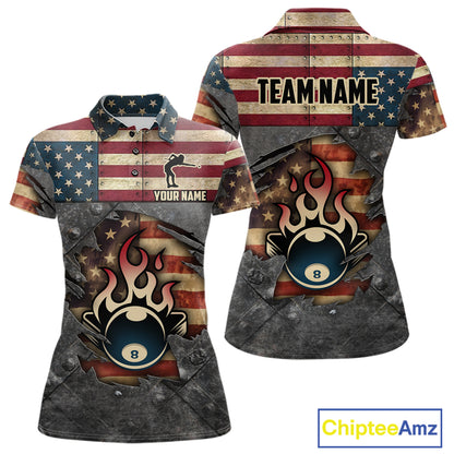 Billiards Vintage US Flag Custom Flame 8 Ball Pool Polo & 1/4 Zip For Women, Billiard Team Jersey TDM6075