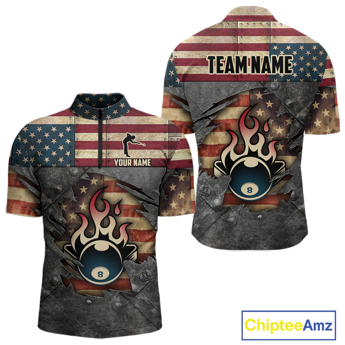 Billiards Vintage US Flag Custom Flame 8 Ball Pool Polo & 1/4 Zip For Men, Billiard Team Jersey TDM6075