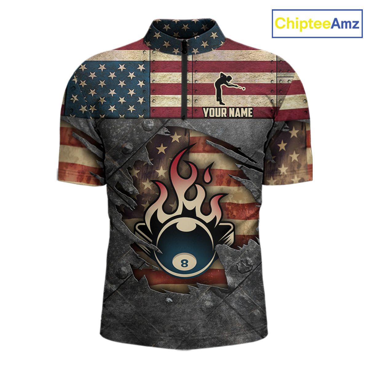 Billiards Vintage US Flag Custom Flame 8 Ball Pool Polo & 1/4 Zip For Men, Billiard Team Jersey TDM6075