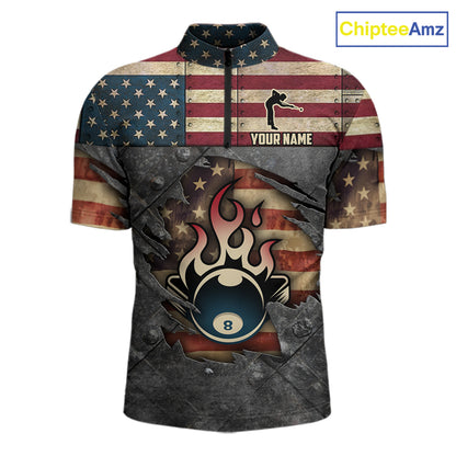 Billiards Vintage US Flag Custom Flame 8 Ball Pool Polo & 1/4 Zip For Men, Billiard Team Jersey TDM6075