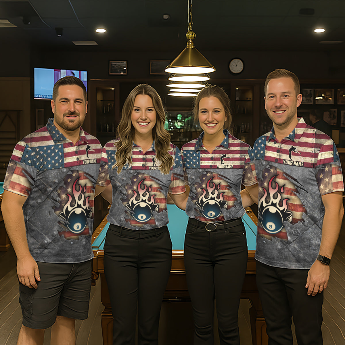 Billiards Vintage US Flag Custom Flame 8 Ball Pool Polo & 1/4 Zip For Women, Billiard Team Jersey TDM6075