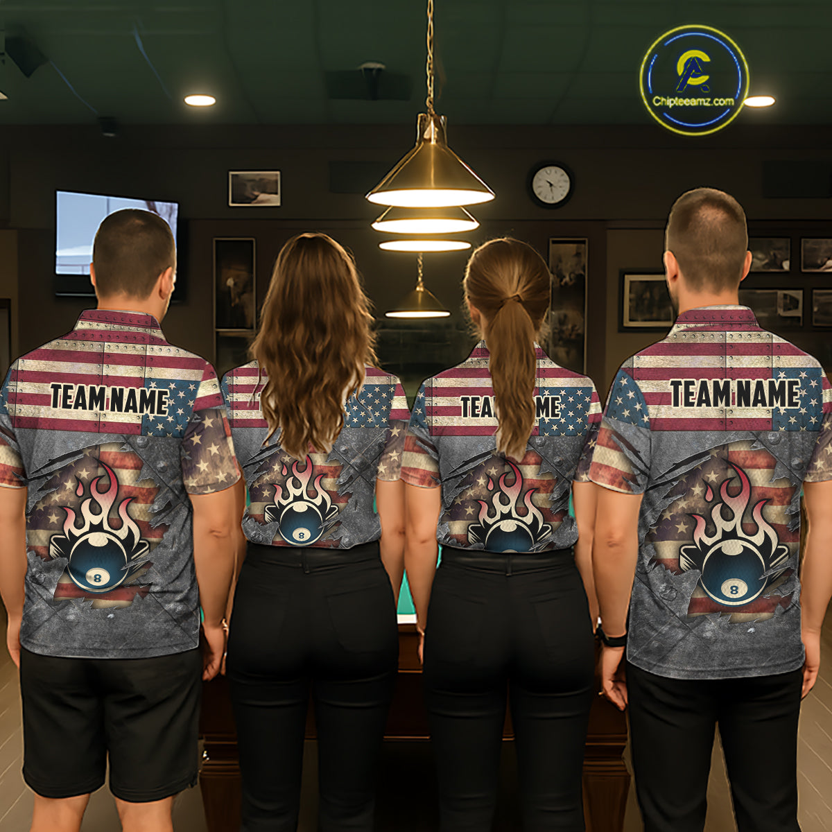 Billiards Vintage US Flag Custom Flame 8 Ball Pool Polo & 1/4 Zip For Women, Billiard Team Jersey TDM6075