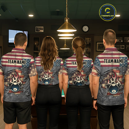 Billiards Vintage US Flag Custom Flame 8 Ball Pool Polo & 1/4 Zip For Women, Billiard Team Jersey TDM6075