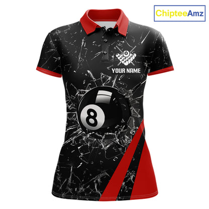 Black And Red Glass Break 8 Ball Billiard Shirt For Women Custom Pool Team Jersey Polo & 1/4 Zip TDM6324