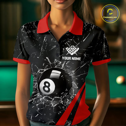 Black And Red Glass Break 8 Ball Billiard Shirt For Women Custom Pool Team Jersey Polo & 1/4 Zip TDM6324