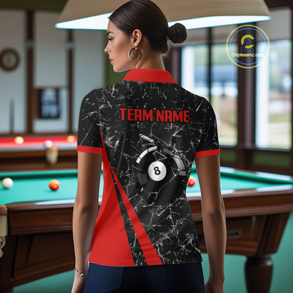 Black And Red Glass Break 8 Ball Billiard Shirt For Women Custom Pool Team Jersey Polo & 1/4 Zip TDM6324