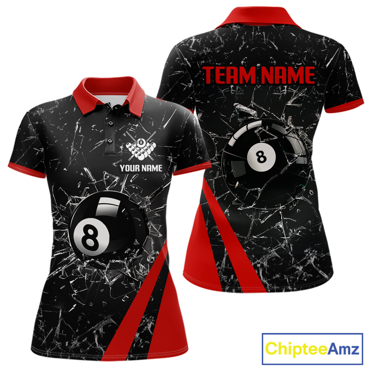 Black And Red Glass Break 8 Ball Billiard Shirt For Women Custom Pool Team Jersey Polo & 1/4 Zip TDM6324