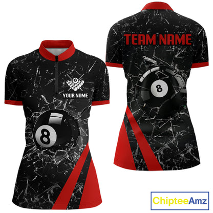 Black And Red Glass Break 8 Ball Billiard Shirt For Women Custom Pool Team Jersey Polo & 1/4 Zip TDM6324