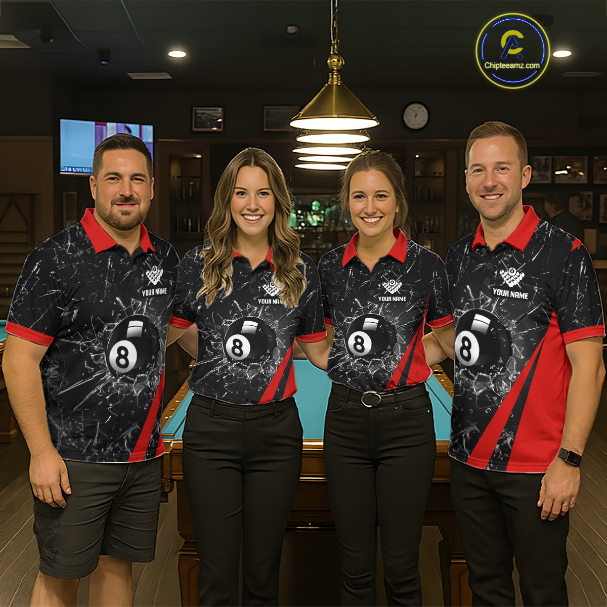 Black And Red Glass Break 8 Ball Billiard Shirt For Men Custom Pool Team Jersey Polo & 1/4 Zip TDM6324