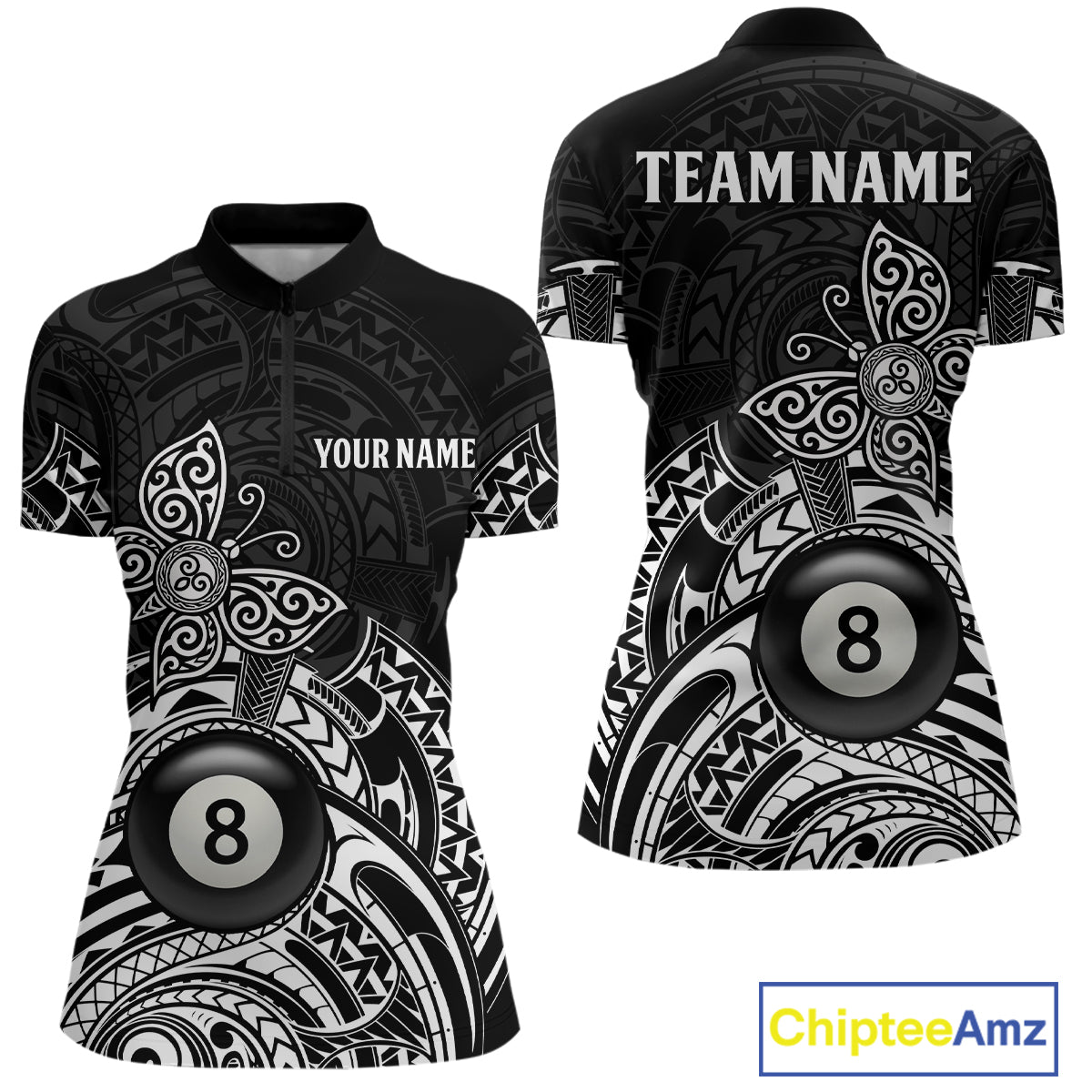 Custom White Black Tribal Butterfly Billiard Shirts For Women | 8 Ball Pool Team Jerseys TDM3987